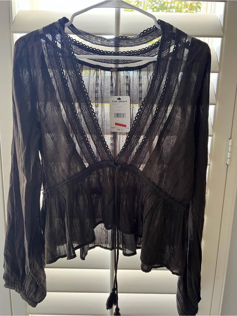 Free People Black Sheer Lace-Trim Boho Peasant Top